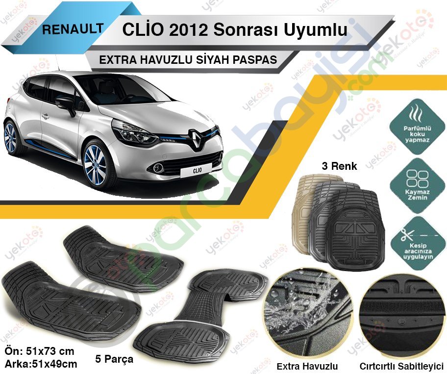 Renault Clio 2012 Sonrası Uyumlu Extra Havuzlu Kesilebilir Siyah Paspas