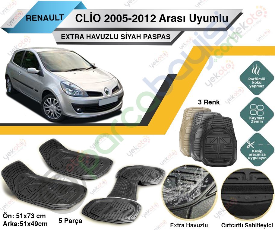 Renault Clio 2005-2012 Arası Uyumlu Extra Havuzlu Kesilebilir Siyah Paspas