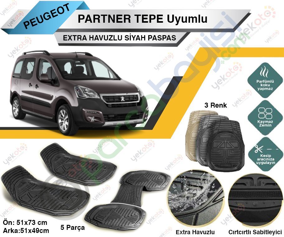 Peugeot Partner Tepe Uyumlu Extra Havuzlu Kesilebilir Siyah Paspas
