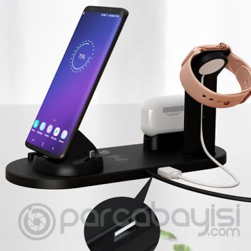 Ally 4in1 Wireless Kablosuz Şarj İPhone+USB C+Micro Usb Şarj Standı