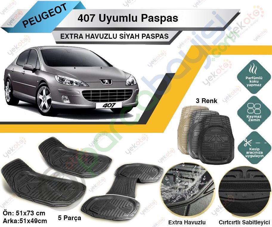 Peugeot 407 Uyumlu Extra Havuzlu Kesilebilir Siyah Paspas