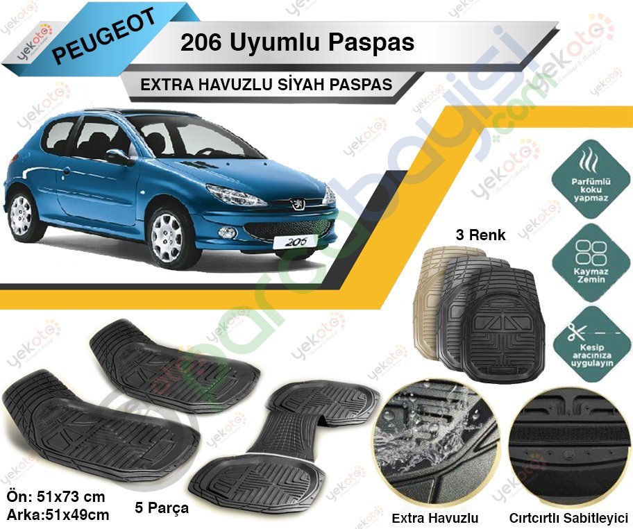 Peugeot 206 Uyumlu Extra Havuzlu Kesilebilir Siyah Paspas
