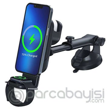 Ally Wireless Şarjlı 3in1 Torpido Üstü Ve Havalandırma Telefon, Kulaklık, Saat Tutucu
