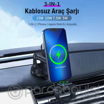 Ally Wireless Şarjlı 3in1 Torpido Üstü Ve Havalandırma Telefon, Kulaklık, Saat Tutucu