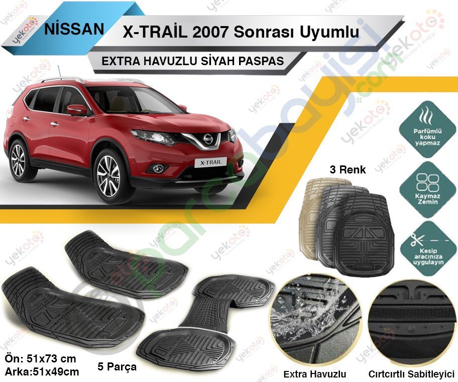 Nissan X-Trail 2007 Sonrası Uyumlu Extra Havuzlu Kesilebilir Siyah Paspas