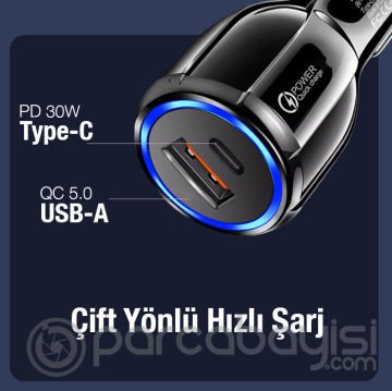ALLY TE-P60 USB Ve Type-c Çıkışlı 30W Araç İçi Çakmaklık Hızlı Şarj Başlığı