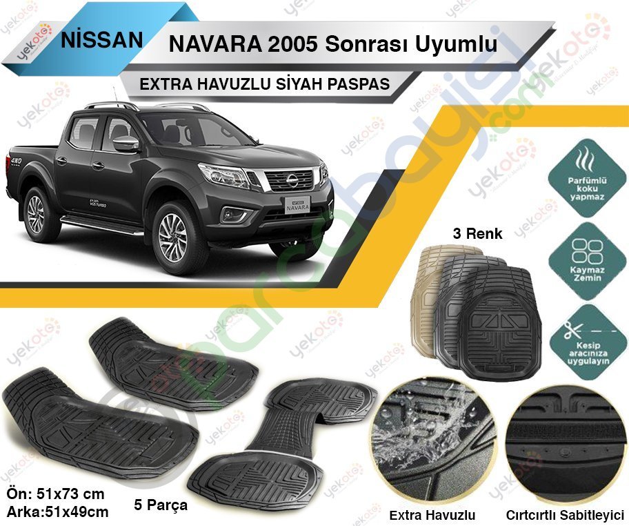 Nissan Navara 2005 Sonrası Uyumlu Extra Havuzlu Kesilebilir Siyah Paspas
