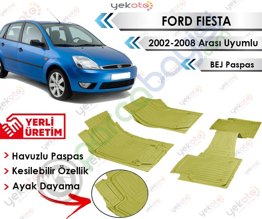Ford Fiesta 2002-2008 Arası Uyumlu Havuzlu Kesilebilir Bej Paspas