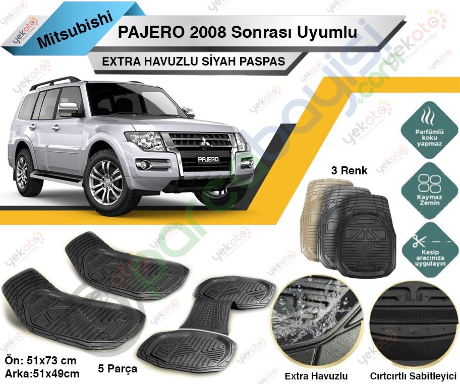 Mitsubishi Pajero 2008 Sonrası Uyumlu Extra Havuzlu Kesilebilir Siyah Paspas