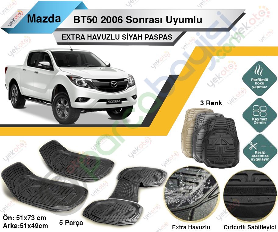 Mazda Bt50 2006 Sonrası Uyumlu Extra Havuzlu Kesilebilir Siyah Paspas