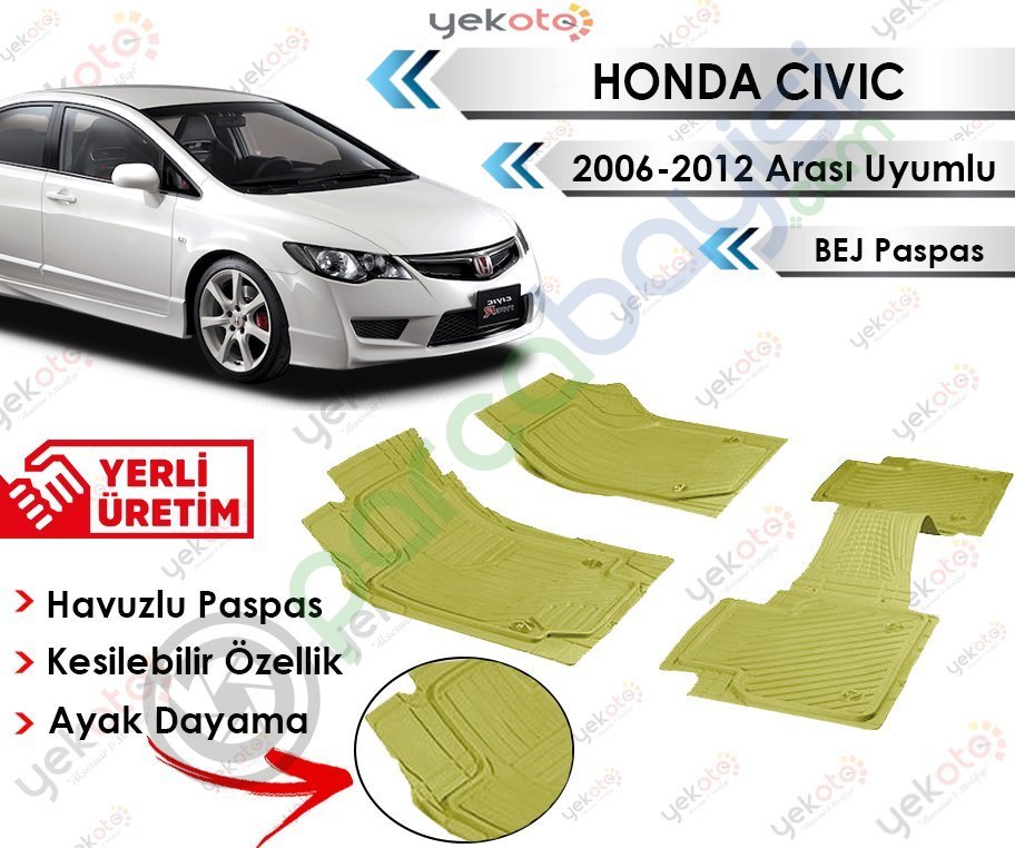 Honda Civic 2006-2012 Sonrası Uyumlu Havuzlu Kesilebilir Bej Paspas