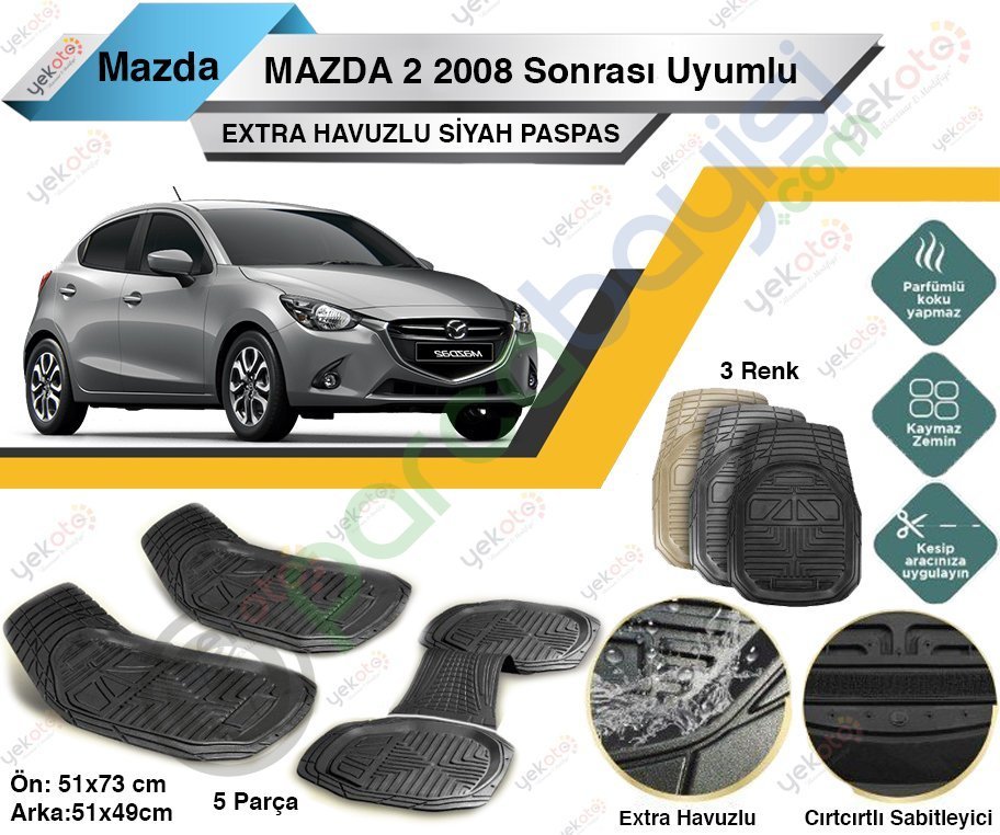 Mazda 2 2008 Sonrası Uyumlu Extra Havuzlu Kesilebilir Siyah Paspas