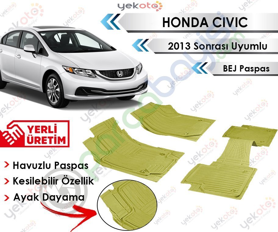 Honda Civic 2013 Sonrası Uyumlu Havuzlu Kesilebilir Bej Paspas