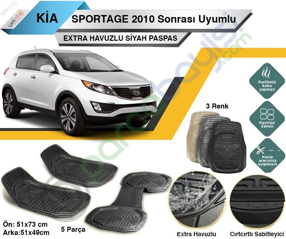 Kia Sportage 2010 Sonrası Uyumlu Extra Havuzlu Kesilebilir Siyah Paspas