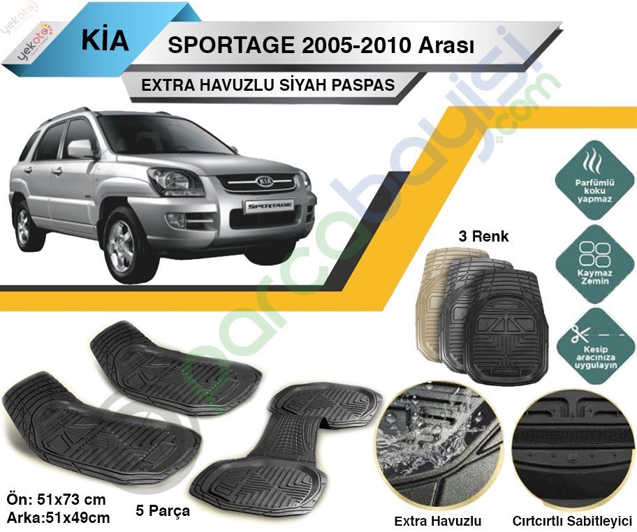 Kia Sportage 2005-2010 Arası Uyumlu Extra Havuzlu Kesilebilir Siyah Paspas