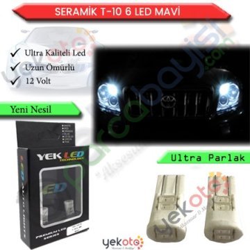 Yekled T10 Park Dipsiz Ampul Led Mavi Işık Seramik Model 6 Led 12V Park Plaka İç Tavan Aydınlatma 2 Adet