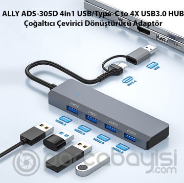 ALLY ADS-305D 4in1 USB-Type-C to 4X USB3.0 HUB Çoğaltıcı Çevirici Dönüştürücü Adaptör