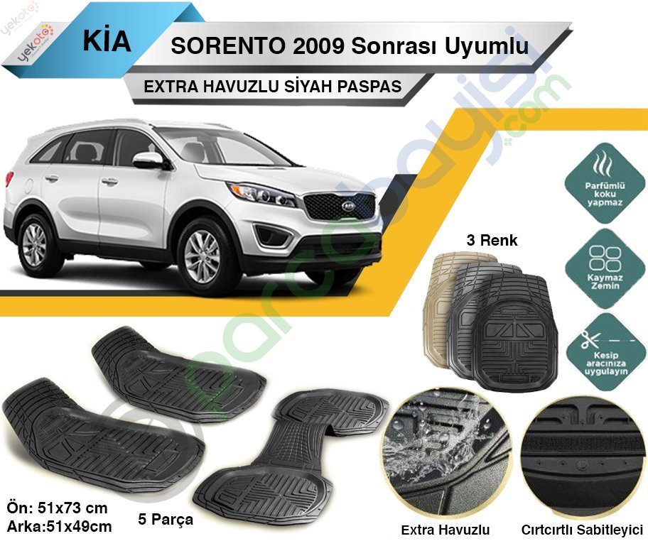 Kia Sorento 2009 Sonrası Uyumlu Extra Havuzlu Kesilebilir Siyah Paspas