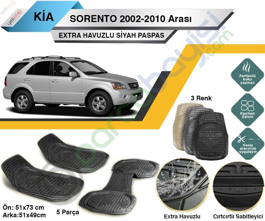 Kia Sorento 2002-2010 Arası Uyumlu Extra Havuzlu Kesilebilir Siyah Paspas