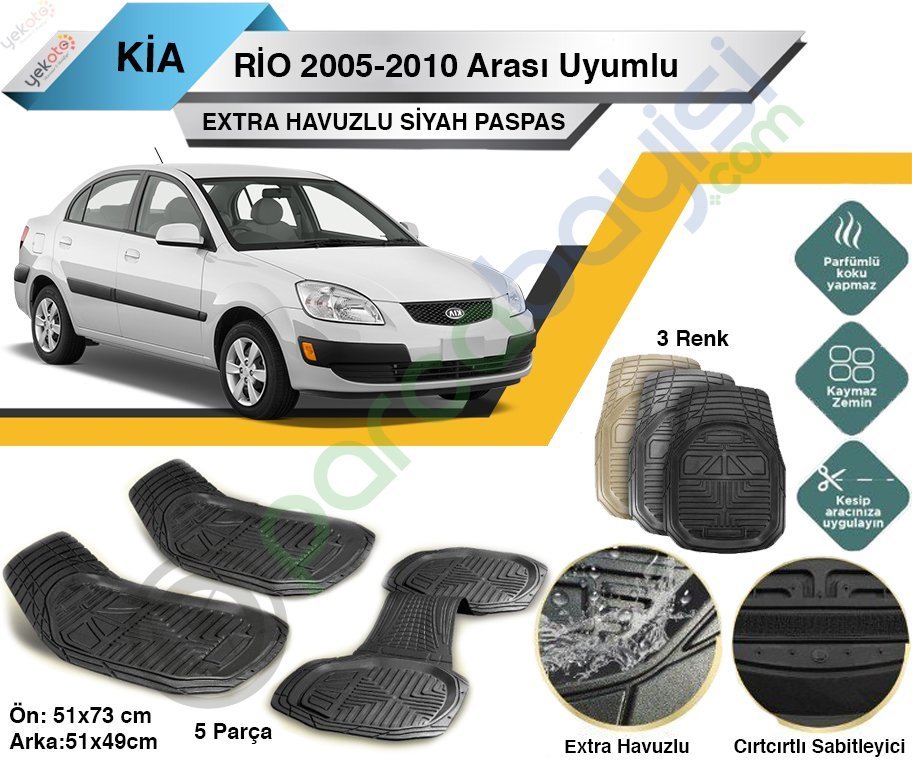 Kia Rio 2005-2010 Arası Uyumlu Extra Havuzlu Kesilebilir Siyah Paspas
