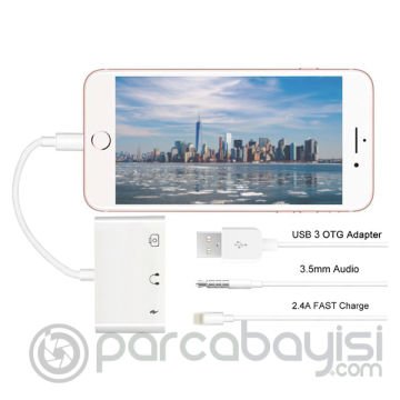 3in1 İPhone-İPAD lightning To Kulakılık ve Usb Kamera Okuyucu Otg