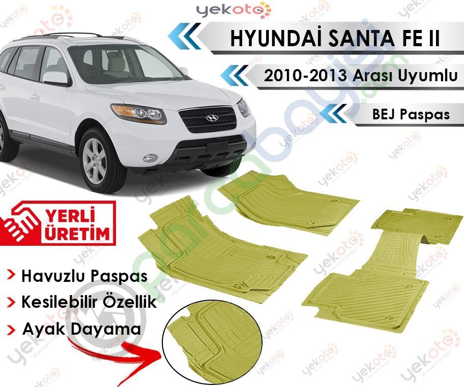 Hyundai Santa Fe 2010-2013 Arası Uyumlu Havuzlu Kesilebilir Bej Paspas
