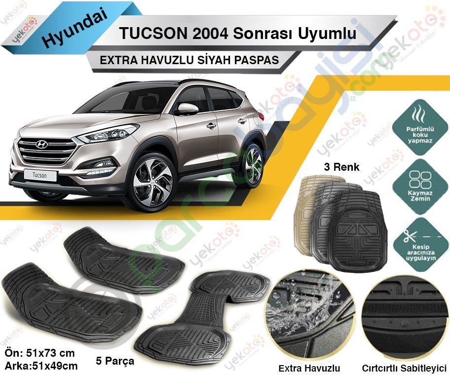 Hyundai Tucson 2004 Sonrası Uyumlu Extra Havuzlu Kesilebilir Siyah Paspas