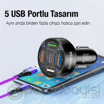 ALLY QC3.0 5 Port Çıkışlı Çoklu Usb Araç İçi Çakmaklık Hızlı Şarj Başlığı