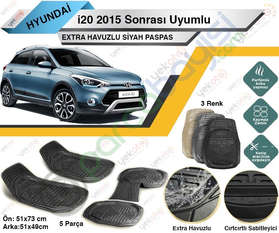 Hyundai İ20 2015 Sonrası Uyumlu Extra Havuzlu Kesilebilir Siyah Paspas