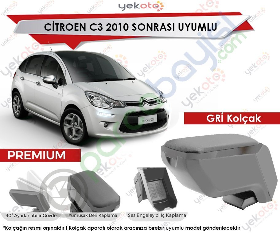 Citroen C3 2010 Sonrası Uyumlu Gri Kolçak Kol Dayama Ultra Kaliteli