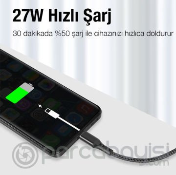 ALLY 1mt 27W Type-C To iPhone Lightning Süper Hızlı Data ve Şarj Kablosu, Akım ve Isı Korumalı Halat