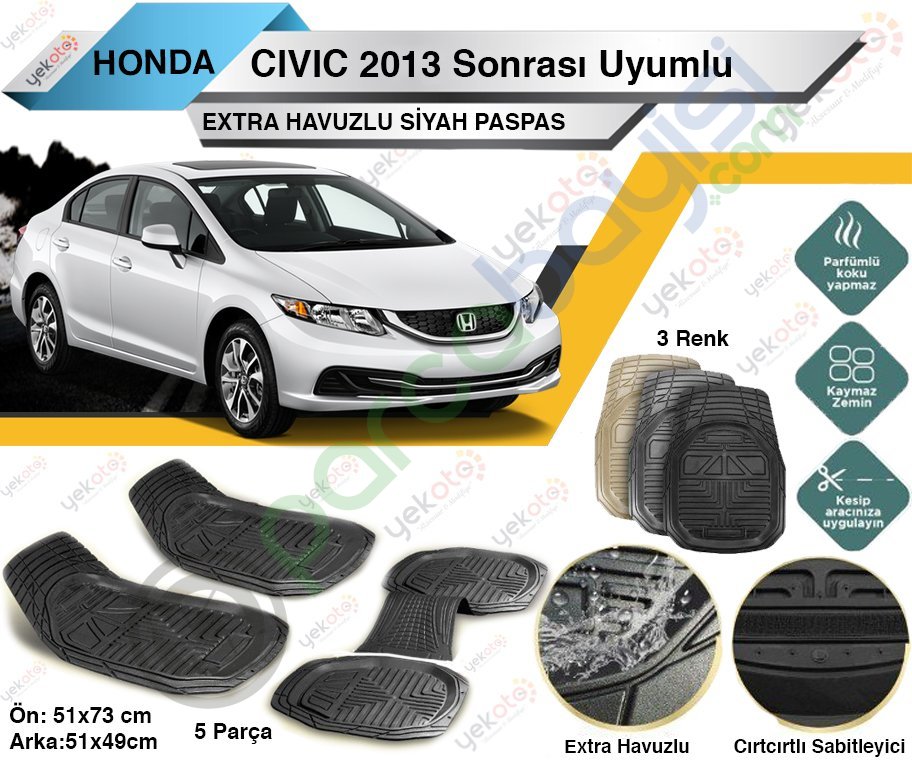 Honda Civic 2013 Sonrası Uyumlu Extra Havuzlu Kesilebilir Siyah Paspas