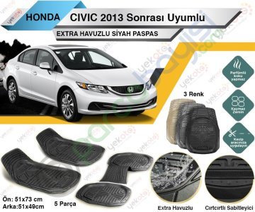 Honda Civic 2013 Sonrası Uyumlu Extra Havuzlu Kesilebilir Siyah Paspas