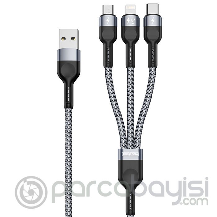 Duzzona A3 3in1 Type-C + iPhone Lightning + Micro USB 3A Hızlı Şarj Kablosu 1.3m