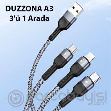 Duzzona A3 3in1 Type-C + iPhone Lightning + Micro USB 3A Hızlı Şarj Kablosu 1.3m