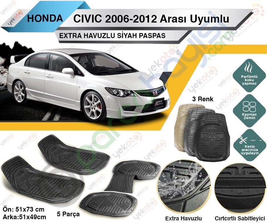 Honda Civic 2006-2012 Sonrası Uyumlu Extra Havuzlu Kesilebilir Siyah Paspas