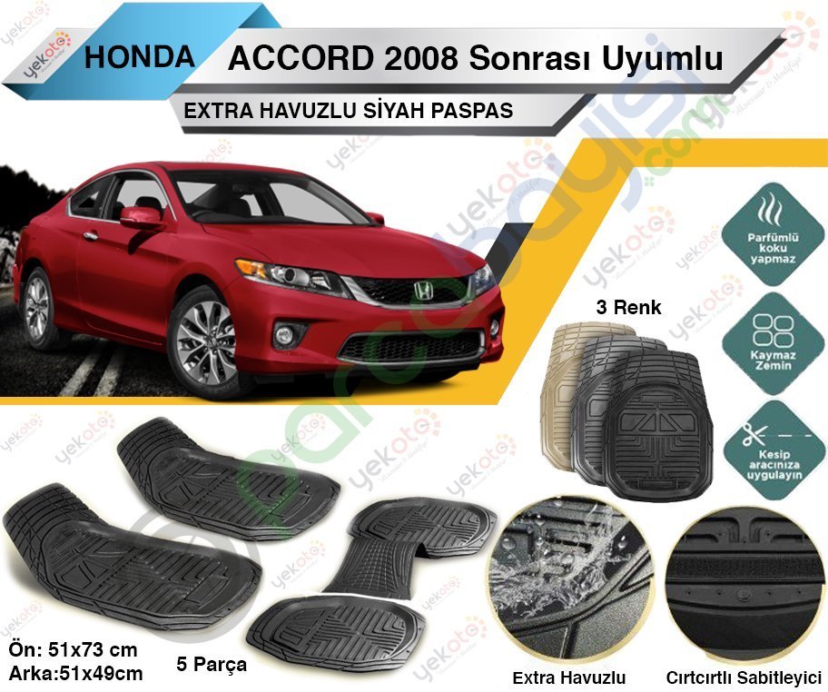 Honda Accord 2008 Sonrası Uyumlu Extra Havuzlu Kesilebilir Siyah Paspas