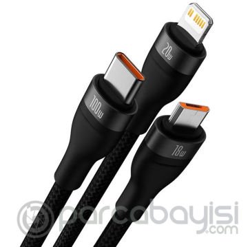 Baseus Flash Series II 100W Type-C Lightning Micro USB 3in1 Hızlı Şarj Kablosu 1.5mt
