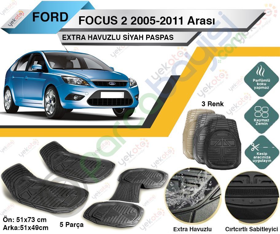 Ford Focus 2 2005-2011 Arası Uyumlu Extra Havuzlu Kesilebilir Siyah Paspas