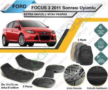 Ford Focus 3 2011 Sonrası Uyumlu Extra Havuzlu Kesilebilir Siyah Paspas