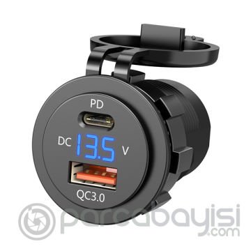 Ally Araba ve Motor İçin Su Geçirmez Led Göstergeli USB+Type-C Girişli Şarj Soketi