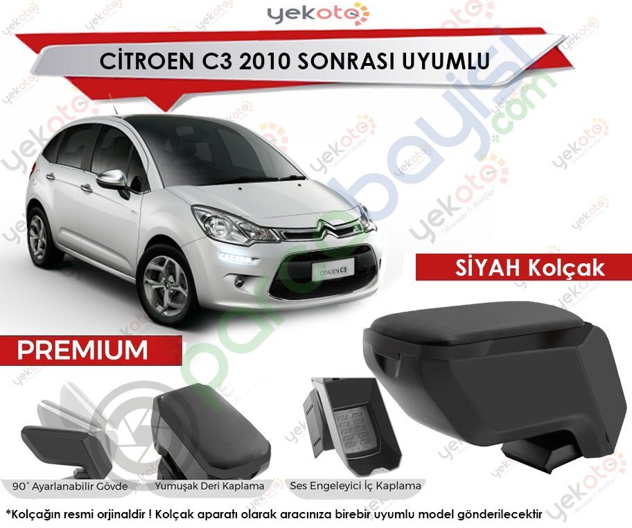 Citroen C3 2010 Sonrası Uyumlu Siyah Kolçak Kol Dayama Ultra Kaliteli