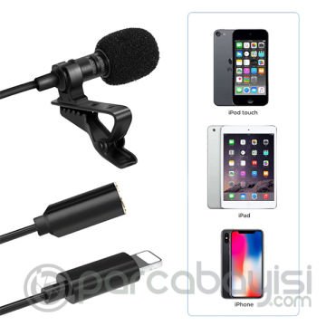 ALLY iPhone Lightning Yaka Mikrofonu+3.5MM jack Profesyonel Youtuber Mikrofonu