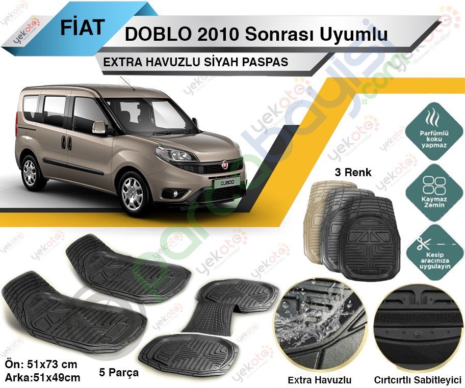 Fiat Doblo 2010 Sonrası Uyumlu Extra Havuzlu Kesilebilir Siyah Paspas