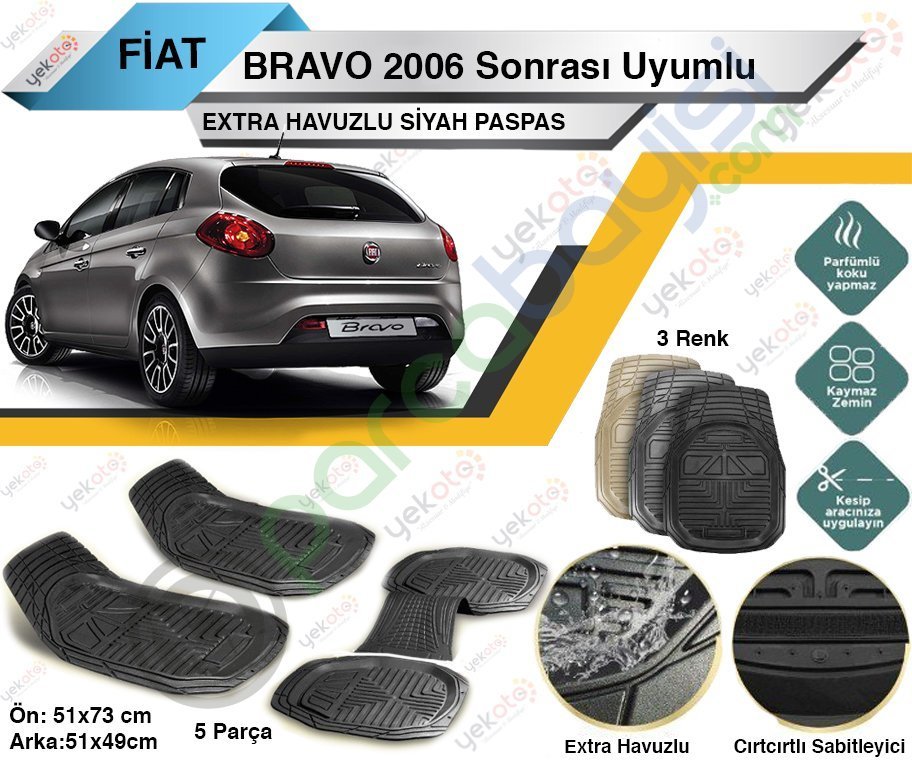 Fiat Bravo 2006 Sonrası Uyumlu Extra Havuzlu Kesilebilir Siyah Paspas