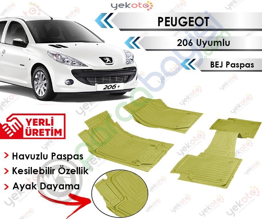Peugeot 206 Uyumlu Havuzlu Kesilebilir Bej Paspas