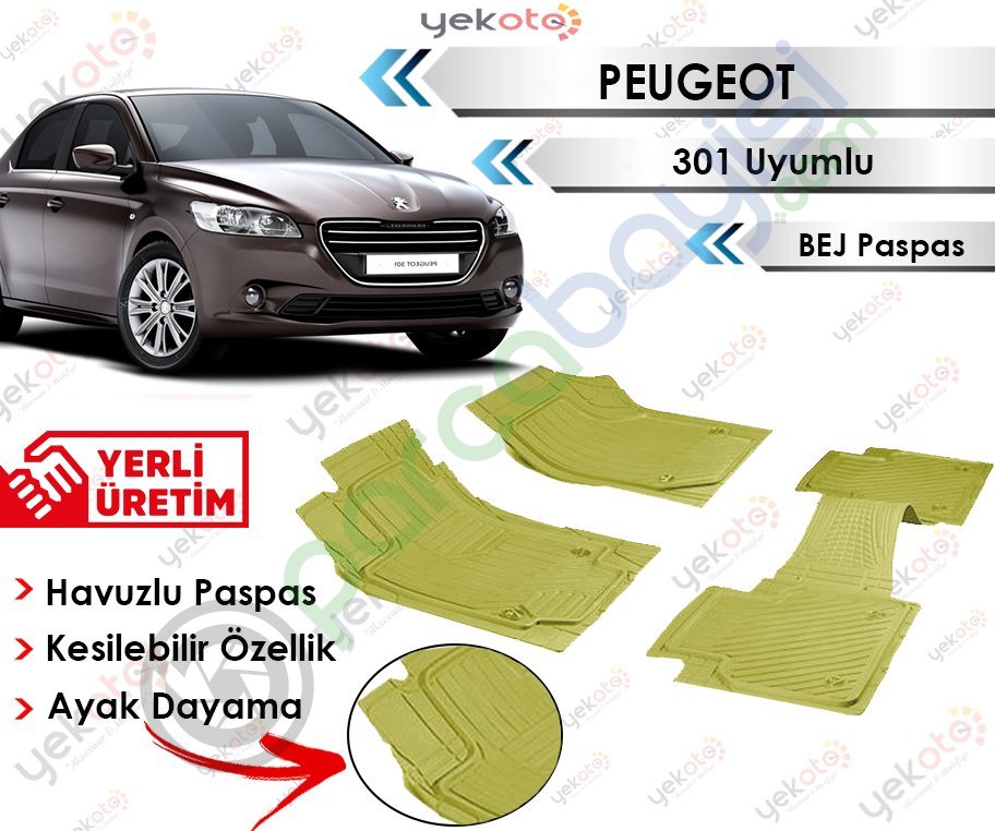 Peugeot 301 Uyumlu Havuzlu Kesilebilir Bej Paspas