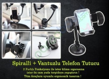 Telefon Tutucu Spiralli + Vantuzlu Akrobatik Güçlü Kilit 2 Fonksiyonlu Tutucu Holder