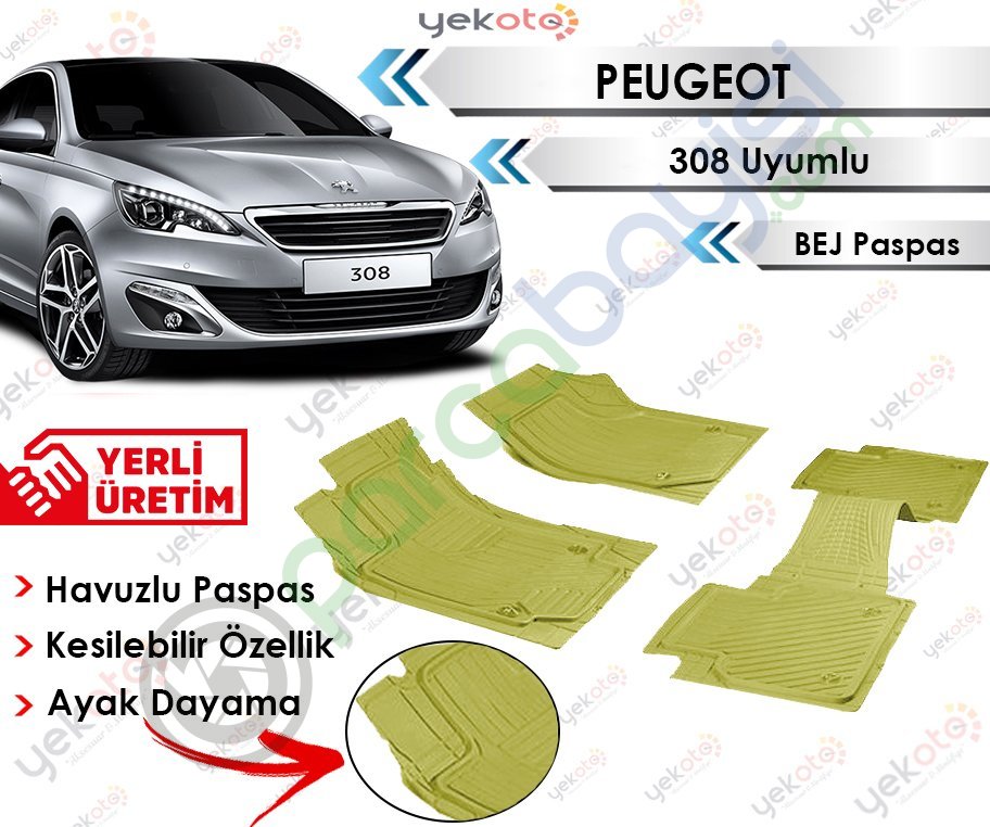 Peugeot 308 Uyumlu Havuzlu Kesilebilir Bej Paspas