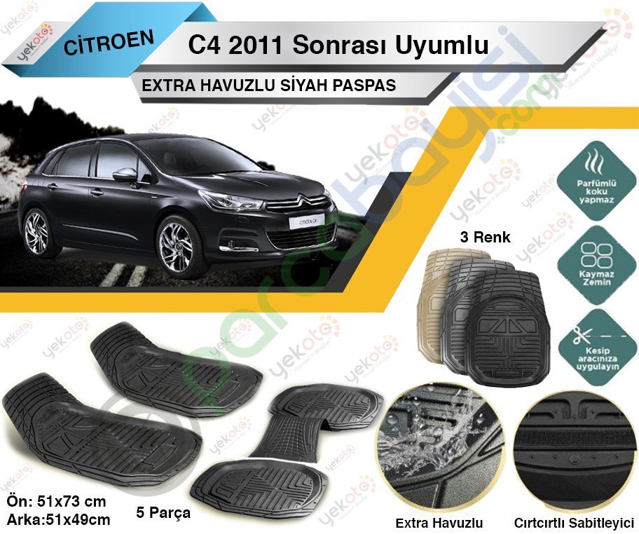 Citroen C4 2011 Sonrası Uyumlu Extra Havuzlu Kesilebilir Siyah Paspas